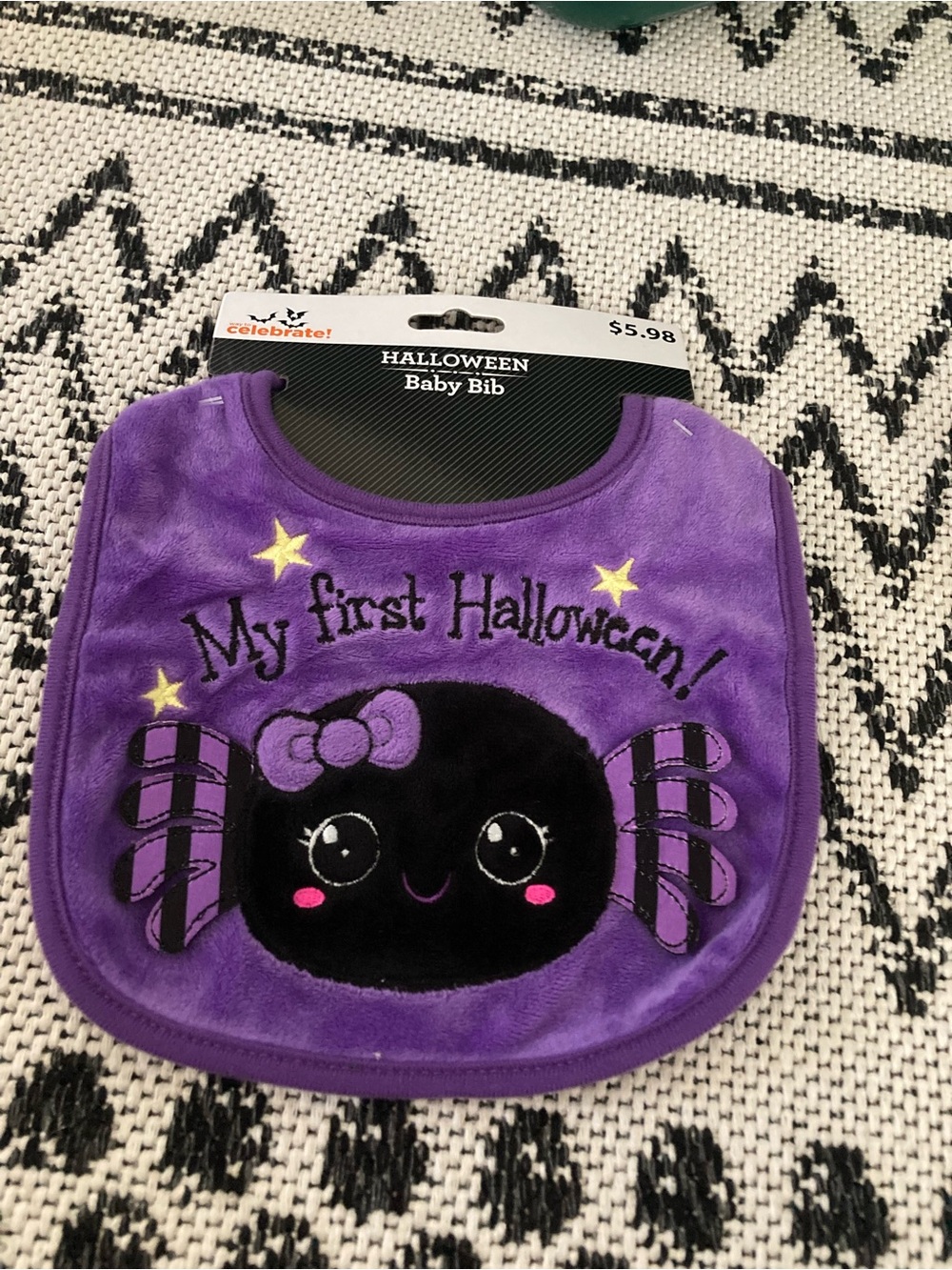 NWT purple black plush Way to Celebrate "My First Halloween" spider baby bib
